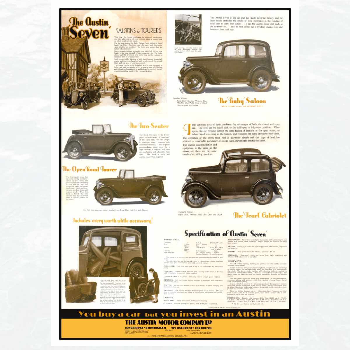 1938 Austin Seven poster reproduced from the original sales brochure
