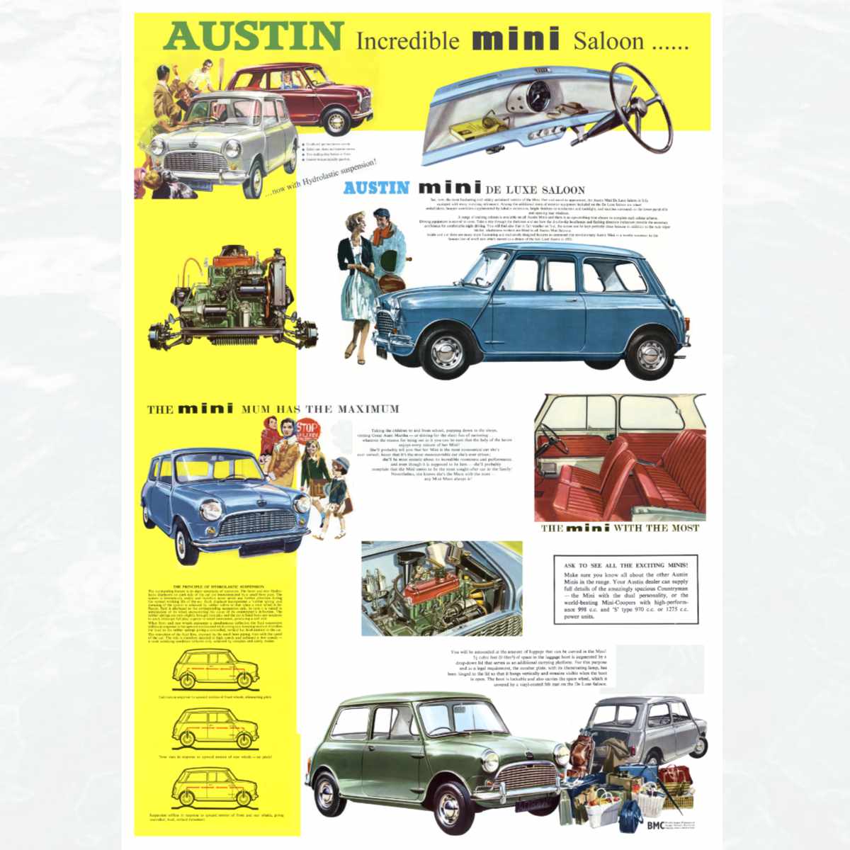 Austin Mini Saloon poster reproduced from the original brochure c1965